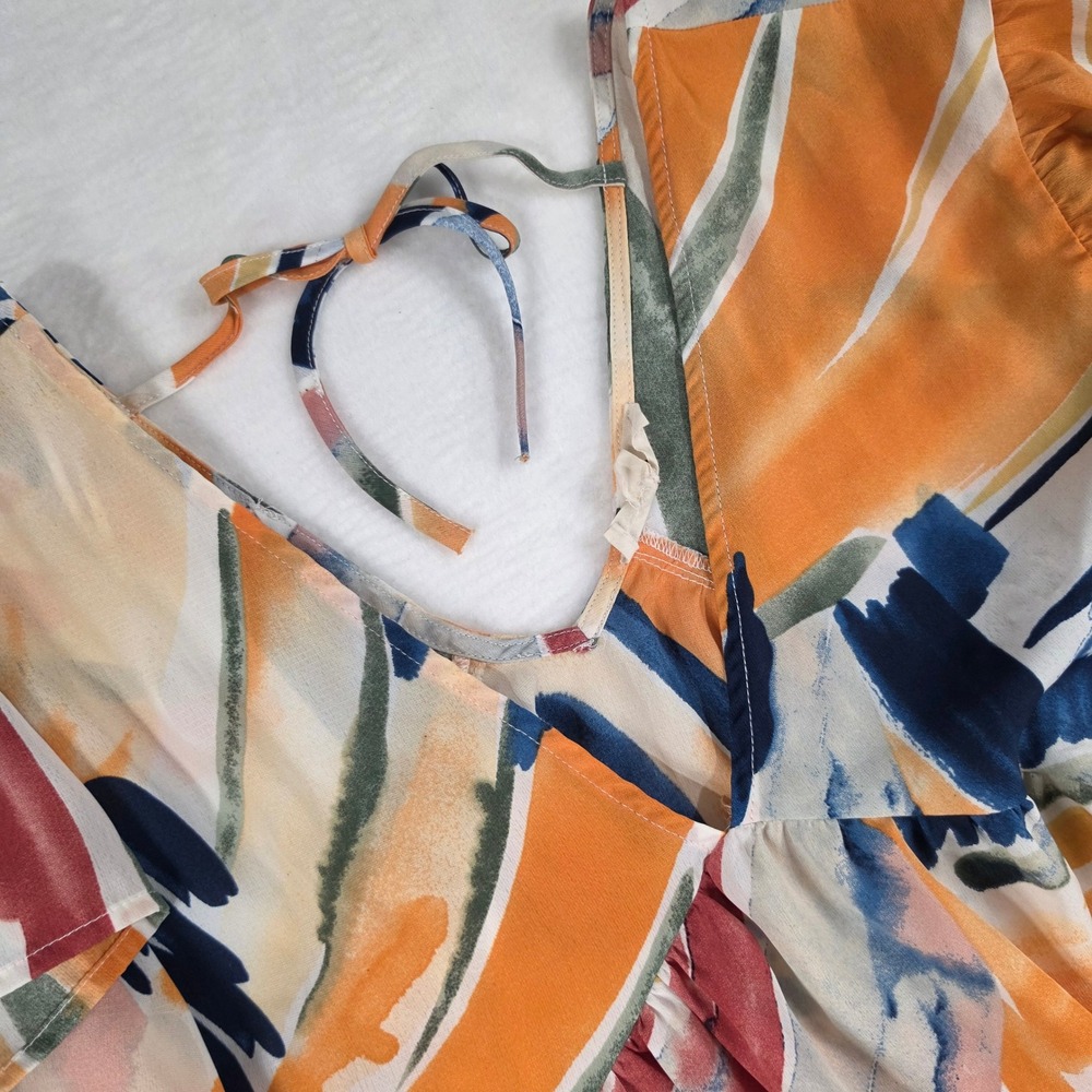 Entro Abstract Brushstroke Babydoll Blouse Orange Blue V-Neck‎ Tie Back Small